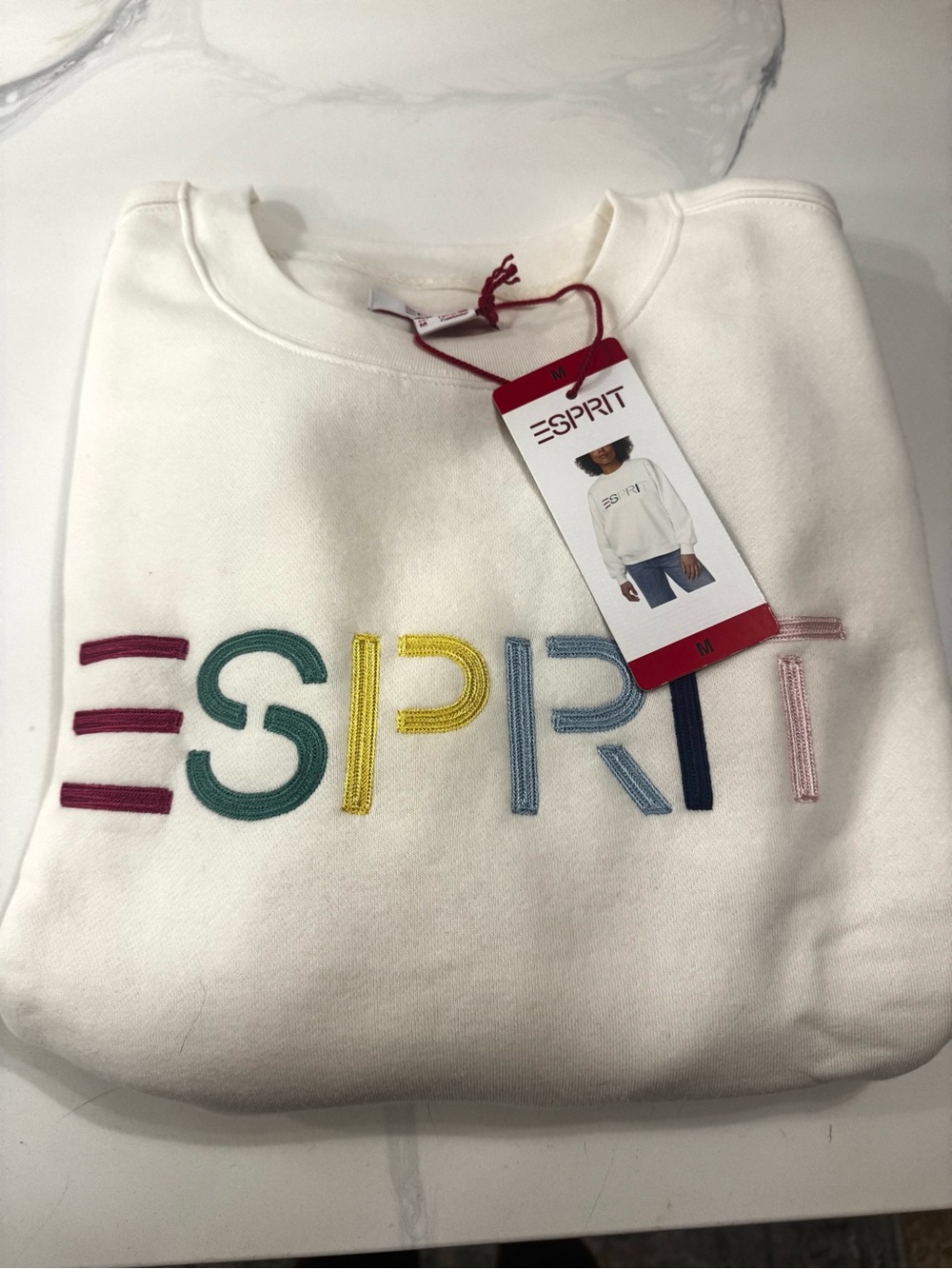 Esprit Cream Crewneck Sweatshirt with Multicolor Embroidered Logo